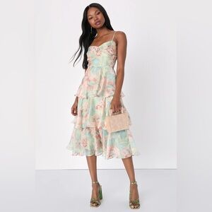 Darling Aesthetic Sage Green Floral Print Tiered Organza Midi Dress